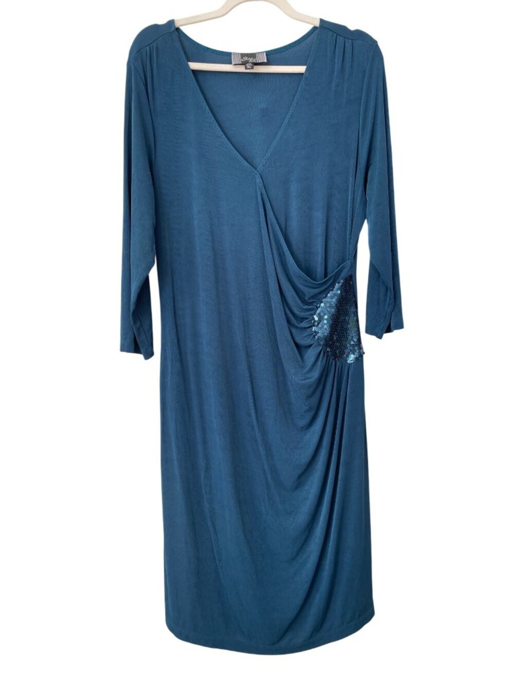 Slinky Brand Faux Wrap Sequin Waist Dress Women XL Knee Length 3/4 Sleeve Formal